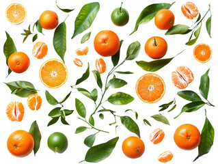 Set of branches of fresh mandarins, tangy and sweet