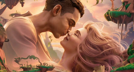 Two cartoon characters kissing romantic scene with fairyland and fairy tale concept art background.
