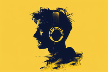 Silhouette of man with headphones against vibrant yellow backdrop. Creative music background.