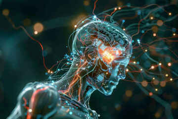 Man with chip installed in his body. Bioengineering technology. Neural connection person to computer