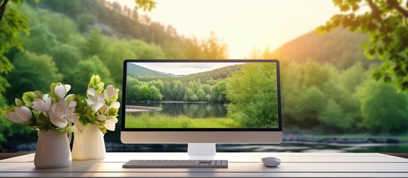 Desktop computer on a desk with a stunning landscape background