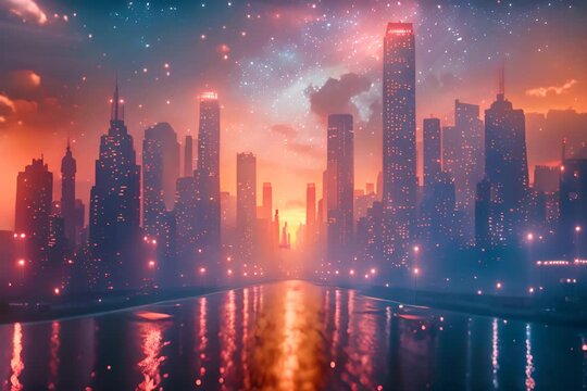 A futuristic cityscape with tall buildings under a glowing red sky futuristic holographic cityscape wallpaper