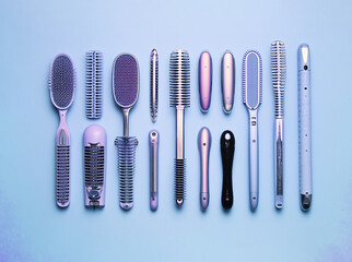 women's beauty devices on blue background, hairdresser's tools, brushes and rosettes. Concept for hair stylist, barbershop and hairdressing. combs and hairdresser tools top view. Set of accessories 