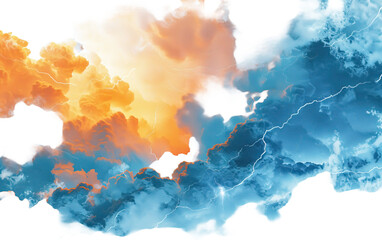 Blue and orange storm clouds with lightnings on white background,png