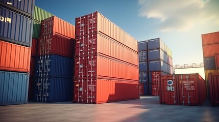Stacked Cargo Containers in the Storage Area
 - obrazy, fototapety, plakaty