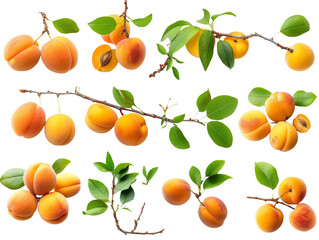 Set of branches of golden ripe apricots, sunlit and succulent