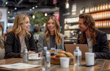 Colleagues gather in cozy kitchenette, chatting over coffee and sandwiches