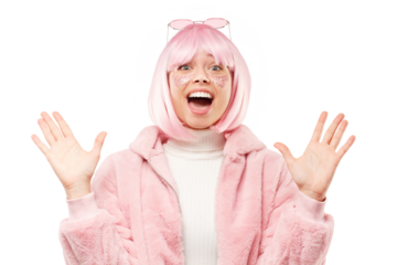 Young excited teen girl wearing winter fur coat and glasses on head, spreading arms in deep amazement and surprise