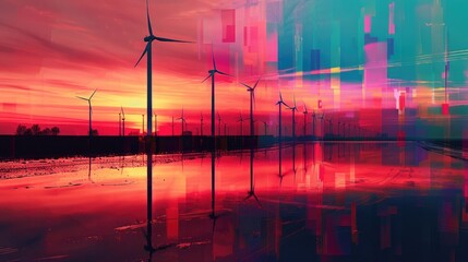Manipulated colors of wind turbines silhouettes during sunset - obrazy, fototapety, plakaty