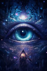 The visionary styled mystical eye of the universe made of constellations in the outer space, manifestation, cosmic, dimensions, chakra, yogi