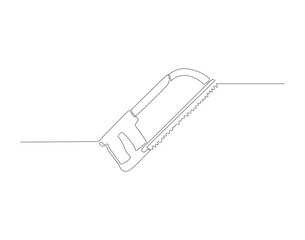 Continuous line drawing of hacksaw. One line of saw for wood. Carpenter concept continuous line art. Editable outline.