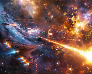 Epic space opera battle scene in 3D vectors, interstellar ships clashing in a dynamic and dramatic cosmic setting