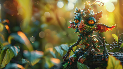 Mischievous goblin in a forest setting, playful and cunning, crafted in vibrant 3D vectors with a touch of whimsy and magic - obrazy, fototapety, plakaty