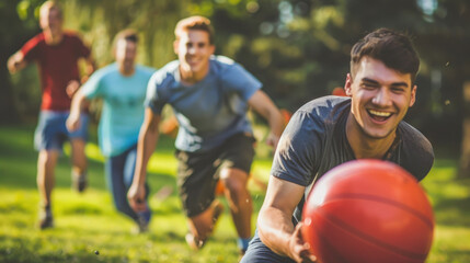 A group of young men playing a lively game of basketball on an outdoor court, dribbling, shooting, and defending with enthusiasm