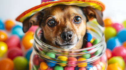 happy day of the dead cute dog in candy jar trick, generative ai