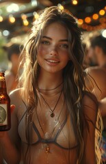 stunning woman with flowing hair holds a beer bottle, amidst a vibrant gathering of friends