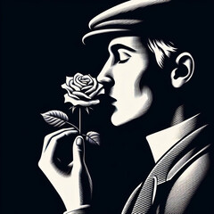 The man with the flower Dating love meeting Halftone style art pop retro vintage. - 790911917