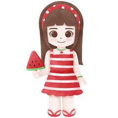 summer cute girl in red dress holding watermelon popsicle