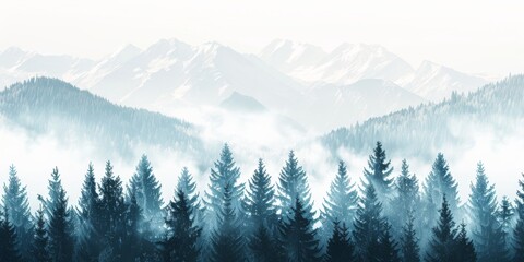 illustration of forest with foggy mountain background, design for banner poster background