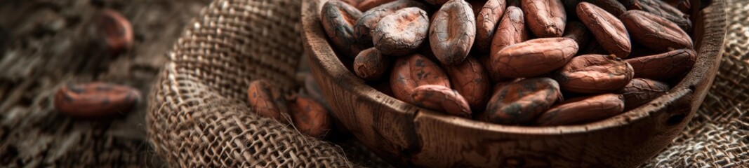 Close Up Raw Cacao Beans, Rustic Wooden Bowl Display
