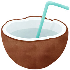 Summer coconut water in coconut shell with blue straw