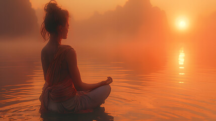 Psychic Waves of Spirituality: Meditating Woman by Tranquil Lake at Sunrise