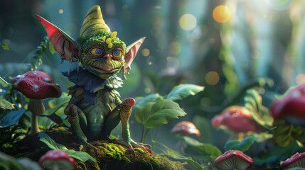 Mischievous goblin in a forest setting, playful and cunning, crafted in vibrant 3D vectors with a touch of whimsy and magic - obrazy, fototapety, plakaty