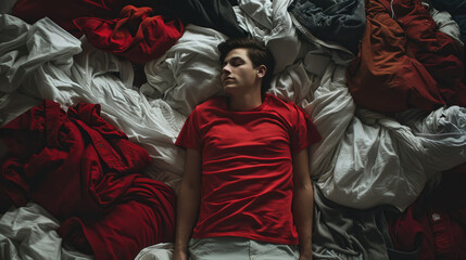 A man is seen laying on a stack of clothes in this image