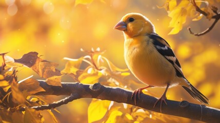   American Goldfinch, its golden and black plumage gleaming in the sunlight. 