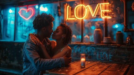 Passionate Couple Embracing with Neon "LOVE" Sign in Background