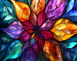 Stained glass abstract background, where a mesmerizing fractal flower pattern blooms in vibrant, jewel-like colors