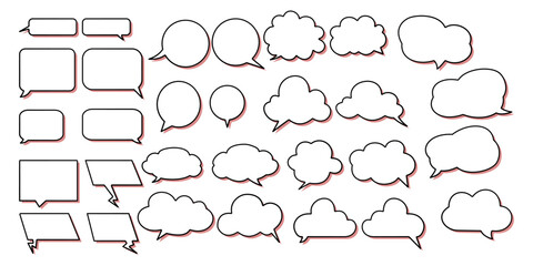 Zbiór różnorodnych dymków mowy i myśli, każdy o unikalnym kształcie i wzorze, w tym zaokrąglone prostokąty, owale, chmury. Różne style komunikacji.