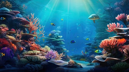 beautiful underwater scenery with various types of fish and coral reefs

