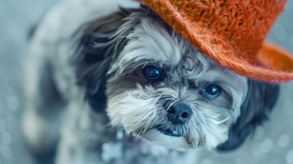 Portrait of a cute puppy dog animal with orange hat on a blurred background. Copy space for text