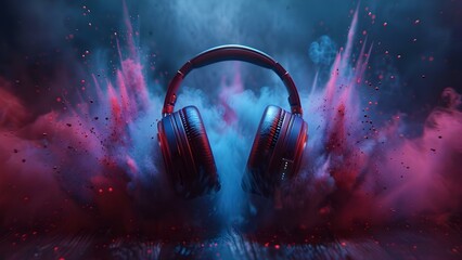 Dynamic Symphony: Headphones in a Vivid Cloud of Melodic Colors. Concept Music, Headphones, Vibrant Colors, Melody, Symphony - obrazy, fototapety, plakaty