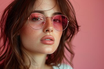 Vintage girl wearing white t-shirt on pastel pink background concept