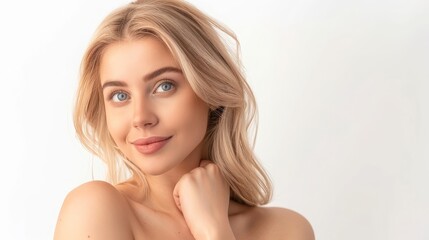 Beautiful gorgeous blonde woman with long hair looking at camera isolated on white. Girl close-up portrait. Beauty healthy facial skin care, skin care cosmetics, cosmetology concept - obrazy, fototapety, plakaty