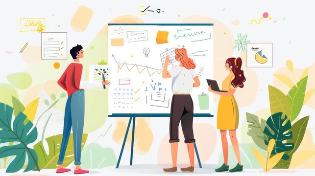 creative people working on whiteboard, colorful and white background