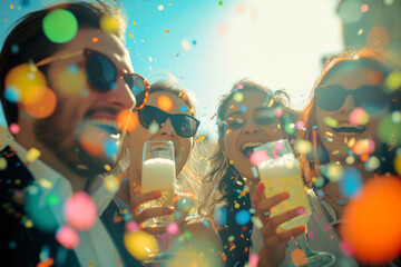 Friends celebrating outdoors with confetti and drinks in bright sunshine