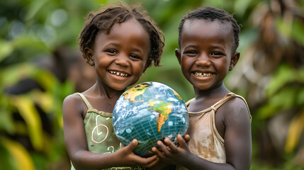 African Children holding earth globe, save the world's children