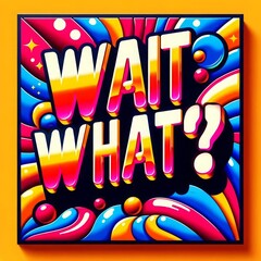 Bold 3D text "WAIT, WHAT?" phrase in a pop art style with bright colors.