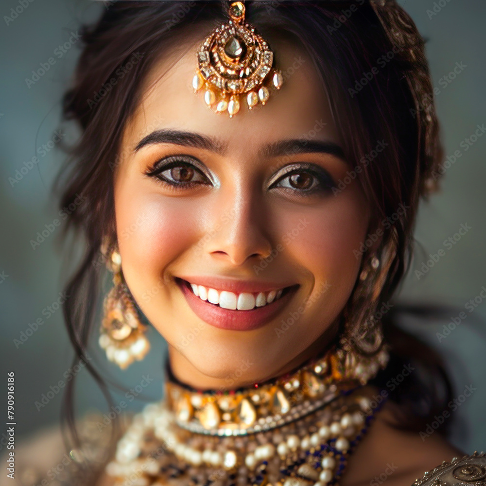 Wall mural beautiful attractive indian woman wearing jewelry and smiling