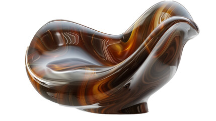 A sculptural, abstract chair with a fluid, organic form and a metallic finish, isolated on transparent background, png file,
