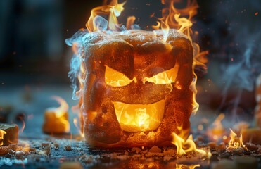 Scorched marshmallow expressing distress with flames engulfing its face in a fiery scream