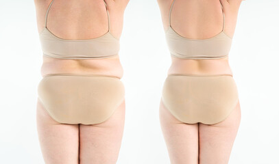 Overweight woman with fat legs and buttocks, before after weight loss concept on gray background