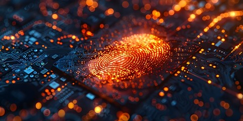 Vibrant Digital Fingerprint on Motherboard Highlighting Biometric Data and Computer Security