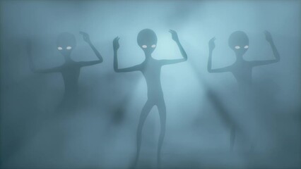 Three scary gray aliens dancing on a dark smoky background. UFO futuristic concept. 3D rendering.