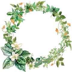 A watercolor circular floral wreath of white flowers and green leaves, ideal for decorative and celebratory purposes in various designs