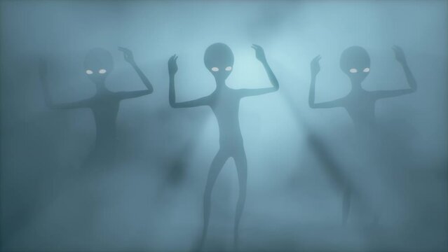 Three scary gray aliens dancing on a dark smoky background. UFO futuristic concept. 3D rendering.