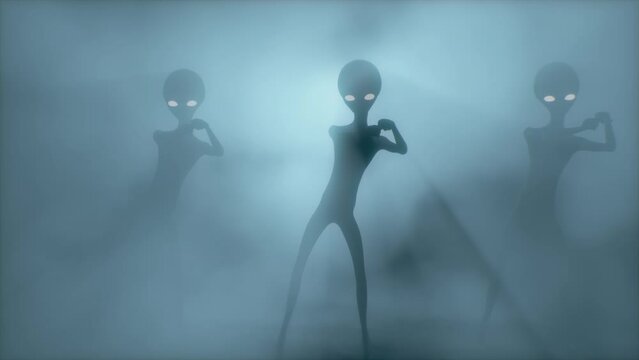Three scary gray aliens dancing on a dark smoky background. UFO futuristic concept. 3D rendering.